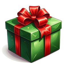 Green gift box, tied with a red ribbon and bow, casting a shadow, sits on a white surface
