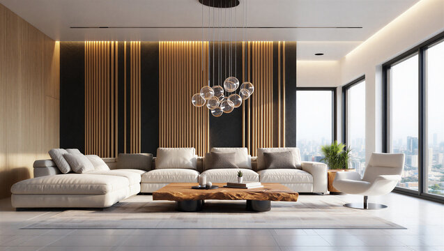Modern luxury living room interior with large windows and sectional sofa