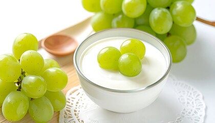 Green grapes surround a bowl of white yogurt sitting on a delicate doily and a wooden board