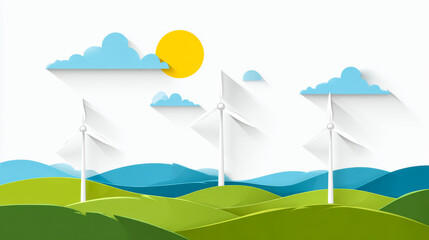 Fototapeta premium Minimalist energy concept with wind turbines in geometric landscape