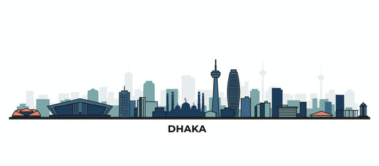 Obraz premium A panoramic illustration of the Dhaka skyline, featuring various modern buildings and landmarks against a white background.