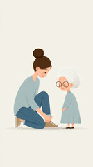 Obraz premium Unlikely friendships: tall teenager helping elderly woman tie shoes