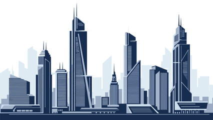 Obraz premium Stylized vector illustration of a futuristic city skyline with modern skyscrapers and architectural structures in monochromatic blue tones.