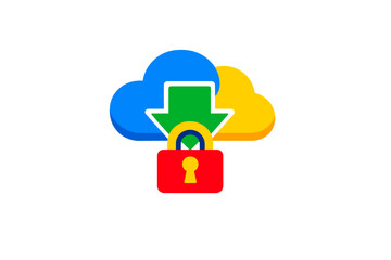 Fototapeta premium A colorful illustration of a blue and yellow cloud with a green downward arrow and a red padlock in front, representing secure cloud data storage and downloading on a black background.