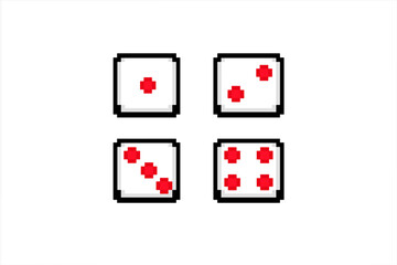 A pixel art illustration featuring four dice faces showing numbers one, two, three, and four in a grid layout. The dice have white outlines and red dots on a solid black background.