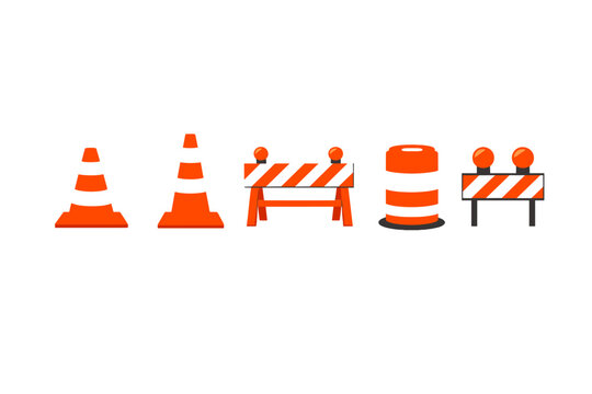 A set of five orange and white road construction safety barriers and traffic cones isolated on a black background. The collection includes cones, a barrel, and barricades with lights.