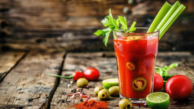 Footage glass of Bloody Mary cocktail garnished with celery and olives served on a wooden table, perfect for a brunch or breakfast gathering