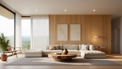 Modern living room with wooden accents and large windows