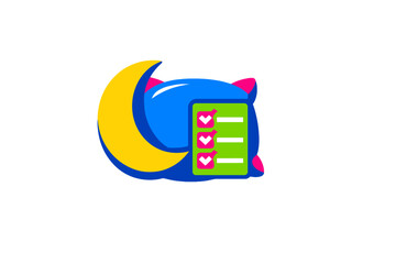 Obraz premium A colorful illustration featuring a blue pillow with pink ears, a yellow crescent moon, and a green checklist with pink checkmarks, representing a bedtime routine or sleep planning.