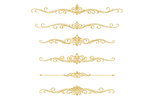 Six golden vintage decorative dividers with intricate filigree and scrollwork designs are displayed on a black background. These elegant borders feature symmetrical floral patterns.