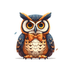 Obraz premium Adorable orange and blue cartoon owl with bow tie sitting upright, expressive large eyes and detailed feathers conveying playful charm
