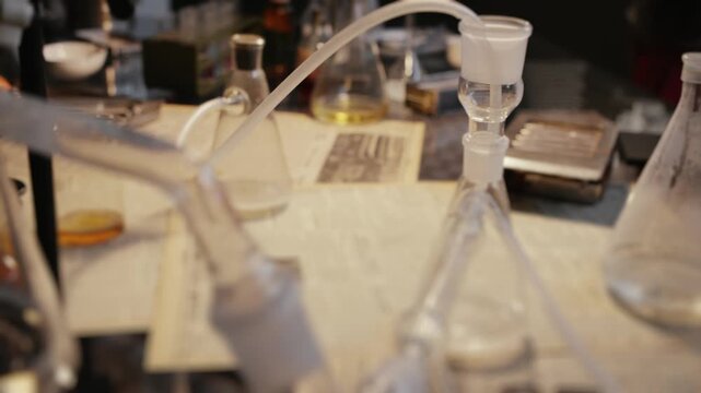 Vintage alchemy laboratory equipment on table