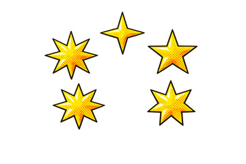 Obraz premium Five bright yellow stars of various shapes and point counts are displayed against a solid black background. The stars feature a comic book style with halftone dot patterns and black outlines.