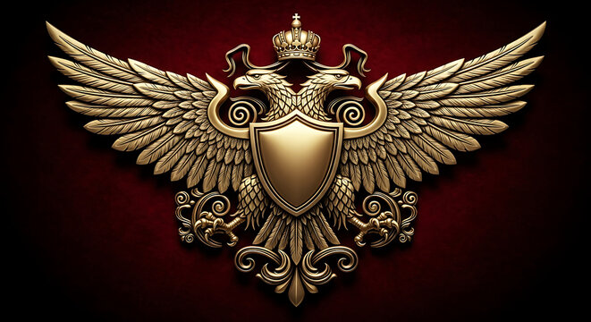 Imperial Double-Headed Eagle Gold Crest with Heraldic Shield, Ornate Baroque Engraving, Regal Metallic Texture, and Dark Velvet Royal Background for Sovereign Branding