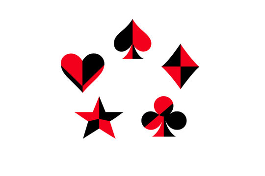 A minimalist graphic illustration featuring five stylized card suit symbols and a star arranged in a circular pattern on a black background with red and black geometric segments.