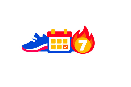 This graphic shows a blue running shoe next to a calendar and a fire icon with the number seven, symbolizing a completed week of exercise or a fitness challenge goal.