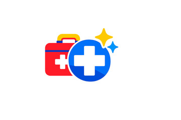 Obraz premium A flat design illustration featuring a red medical first aid kit with a yellow handle and a blue circular icon with a black cross, set against a dark background with stars.