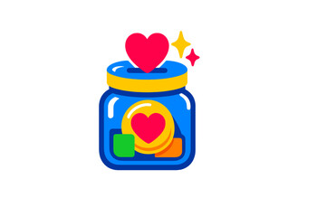 A blue donation jar with a yellow lid features a red heart being dropped into a slot. Inside the jar are colorful shapes and a gold coin with a heart symbol on a black background.