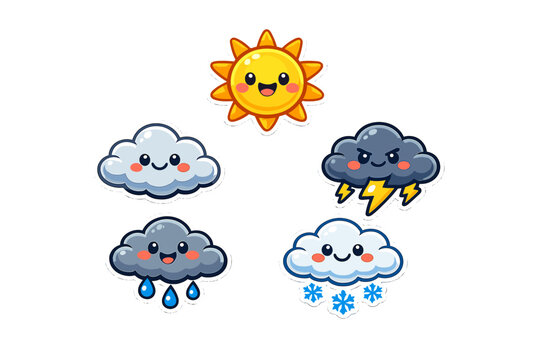 A collection of five cute cartoon weather icons featuring a smiling sun, a fluffy white cloud, a dark storm cloud with lightning, a rain cloud, and a snow cloud on a black background.