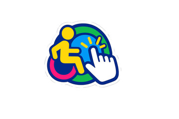 Obraz premium A colorful graphic icon representing digital accessibility, featuring a yellow person in a wheelchair and a black hand cursor clicking on a blue and green circular background.