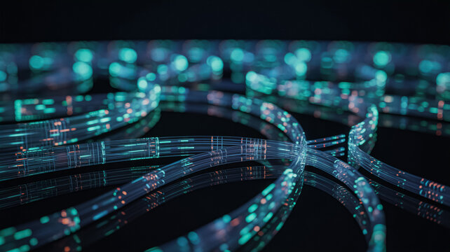 Glowing fiber optic cables transmit data in a dark high-tech environment background