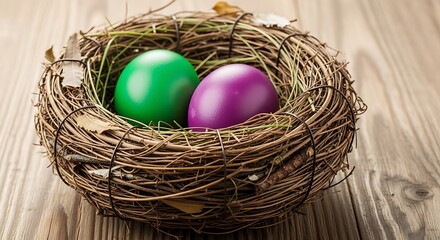 Two colored eggs in a bird nest on wooden surface