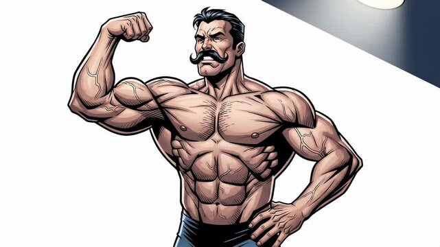 Cartoon Bodybuilder Flexing Muscles with Moustache.