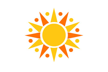 Fototapeta premium A stylized graphic illustration of a bright sun featuring alternating yellow and orange triangular rays and small circular dots, centered against a solid black background.