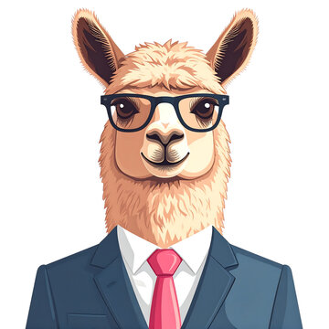 Stylish llama wearing glasses and suit with pink tie smiling confidently, whimsical portrait with fluffy fur and modern business attire