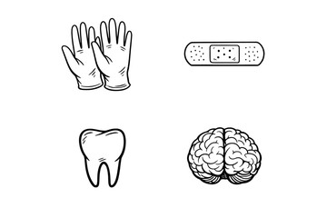 Fototapeta premium A collection of four white line art icons on a black background featuring a pair of gloves, an adhesive bandage, a molar tooth, and a human brain in a minimalist graphic style.