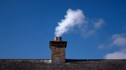 White smoke rises from a brick chimney on a rooftop against a clear blue sky