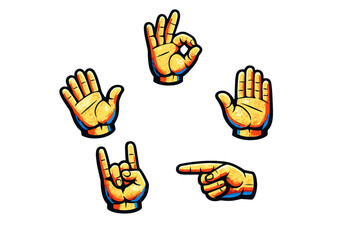 Fototapeta premium Five illustrated hands showing various gestures like the ok sign and pointing finger are arranged in a circle. The artwork uses bold colors and a textured style on a solid black backdrop.
