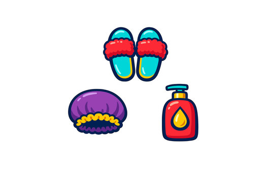 A collection of colorful bathroom accessories including a pair of blue slippers with red fur, a purple shower cap, and a red soap bottle with a yellow drop icon on a black background.