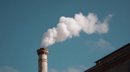White smoke billows dynamically from a textured brick industrial chimney its plume creating a stark visible contrast against a clear bright blue sky
