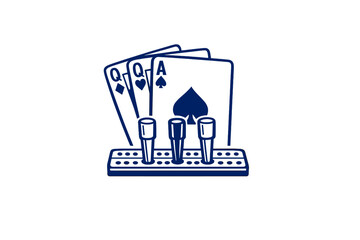 Obraz premium A dark blue line art illustration featuring three playing cards, including an Ace of Spades and two Queens, positioned behind a cribbage board with three pegs on a black background.
