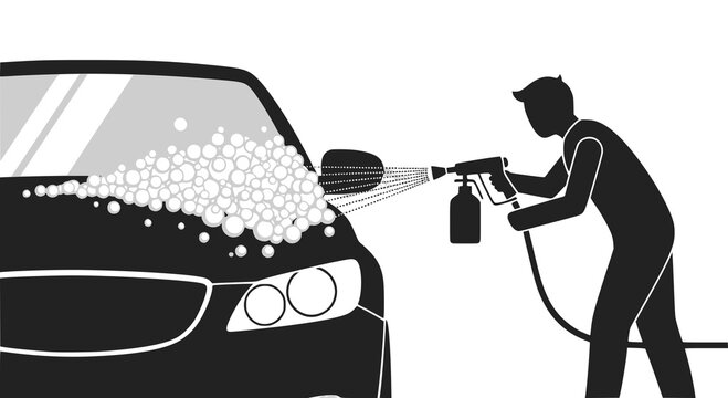 Worker spraying active foam on a car silhouette: Design for car wash signage, auto detailing services, or maintenance service flyers. JPEG version.