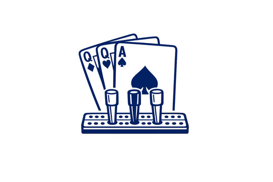 A dark blue line art illustration featuring three playing cards, including an Ace of Spades and two Queens, positioned behind a cribbage board with three pegs on a black background.