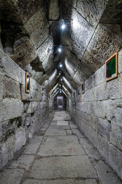 Corridor inside Thracian Tumulus at Mezek, an ancient tomb.