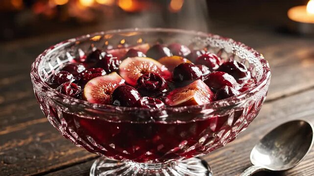 Warm fruit compote in crystal bowl with steam rising on wooden table.