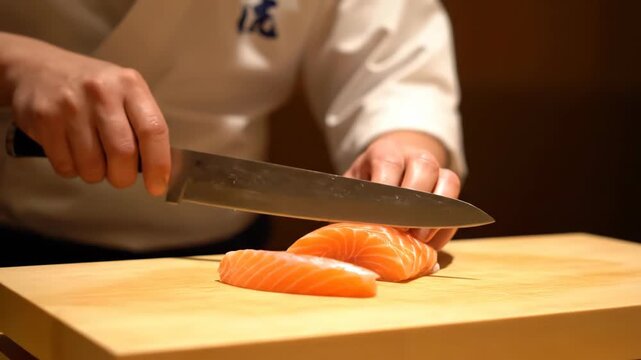 Chef Preparing Salmon Slices on a Wooden Cutting Board.