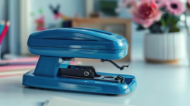 Footage blue stapler is placed on top of a table, ready for use
