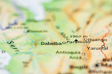 Obraz premium Map detail highlighting Dabeiba and Paramillo region Colombia.