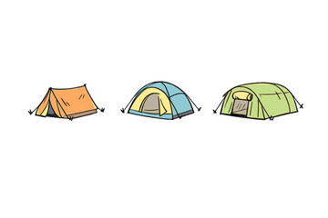 Three colorful camping tents in orange, blue, and green are illustrated against a solid black background. The hand-drawn style features simple outlines and vibrant colors for outdoor gear.