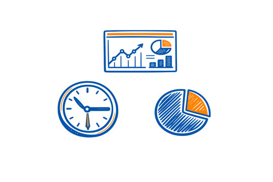 A blue and orange hand-drawn sketch showing a business dashboard with graphs, a clock for time management, and a pie chart, all set against a solid black background.