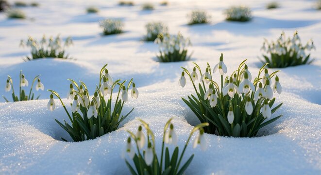 Delicate Ephemeral Snowdrops Blooming in Winter s Embrace, Signaling the Arrival of Spring s Hope