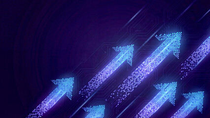 デジタルの世界で力強く上昇する青い矢印が、ビジネスの成功ときらめく未来を象徴しています。滑らかで光沢のある質感が、洗練された進歩と絶え間ない成長を感じさせます。経済やテクノロジー、キャリアアップをテーマにした広告やプレゼン資料に最適です。