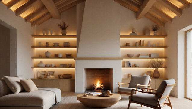 Cozy living room with fireplace and warm lighting interior