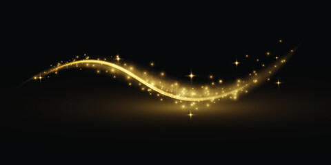 Golden magic light wave made of sparkling particles on dark background. Perfect for luxury product advertising, party and New Year designs © Alesya