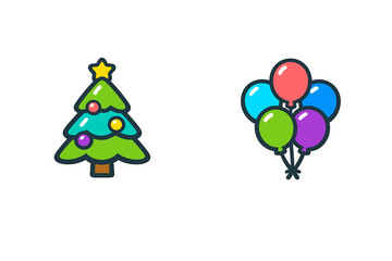 A colorful illustration featuring a decorated green Christmas tree with a yellow star and a bunch of vibrant balloons in red, blue, green, and purple against a solid black background.