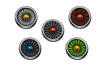 Five stylized jet engine turbines with colorful centers are arranged on a solid black background. Each circular mechanical component features metallic blades and a unique glowing hub.